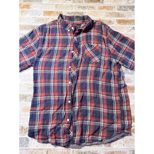 Carbon Mens XL Short Sleeve Plaid Button Down Shirt Navy Blue Red Cotton Casual